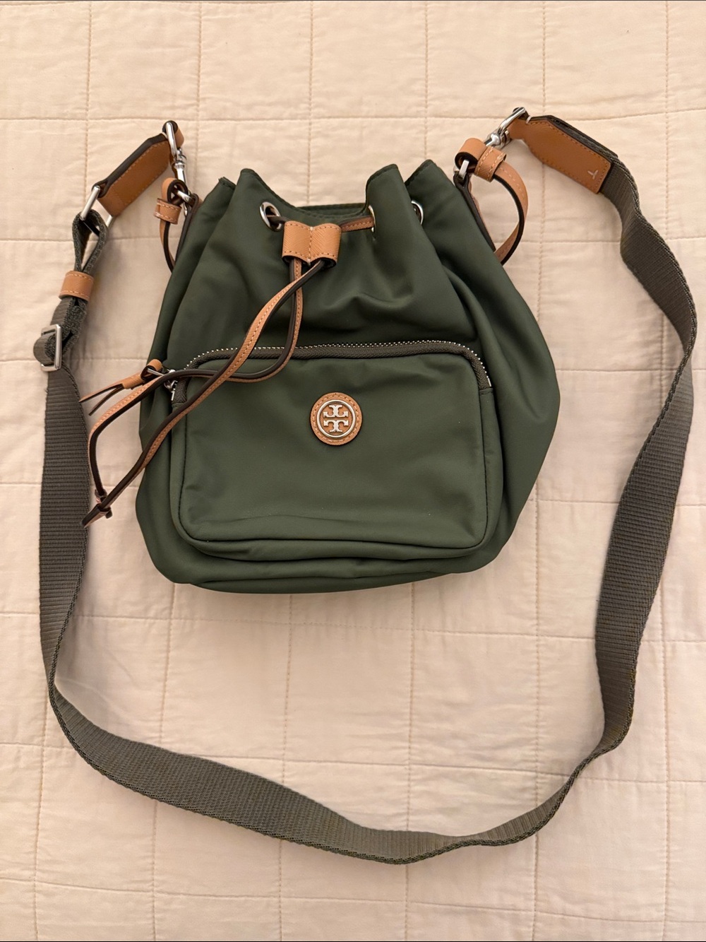 Tory Burch Olive Green Nylon Drawstring Bucket Crossbody with Tan Leather Trim